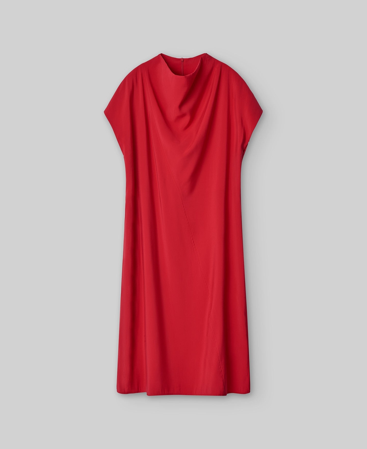 Red dress with draped neckline woman in red