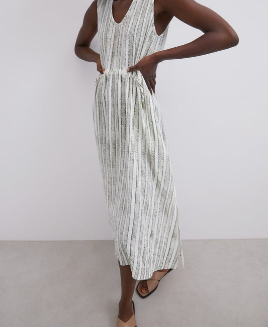 Green Stripe Striped Midi Dress In Linen And Cotton