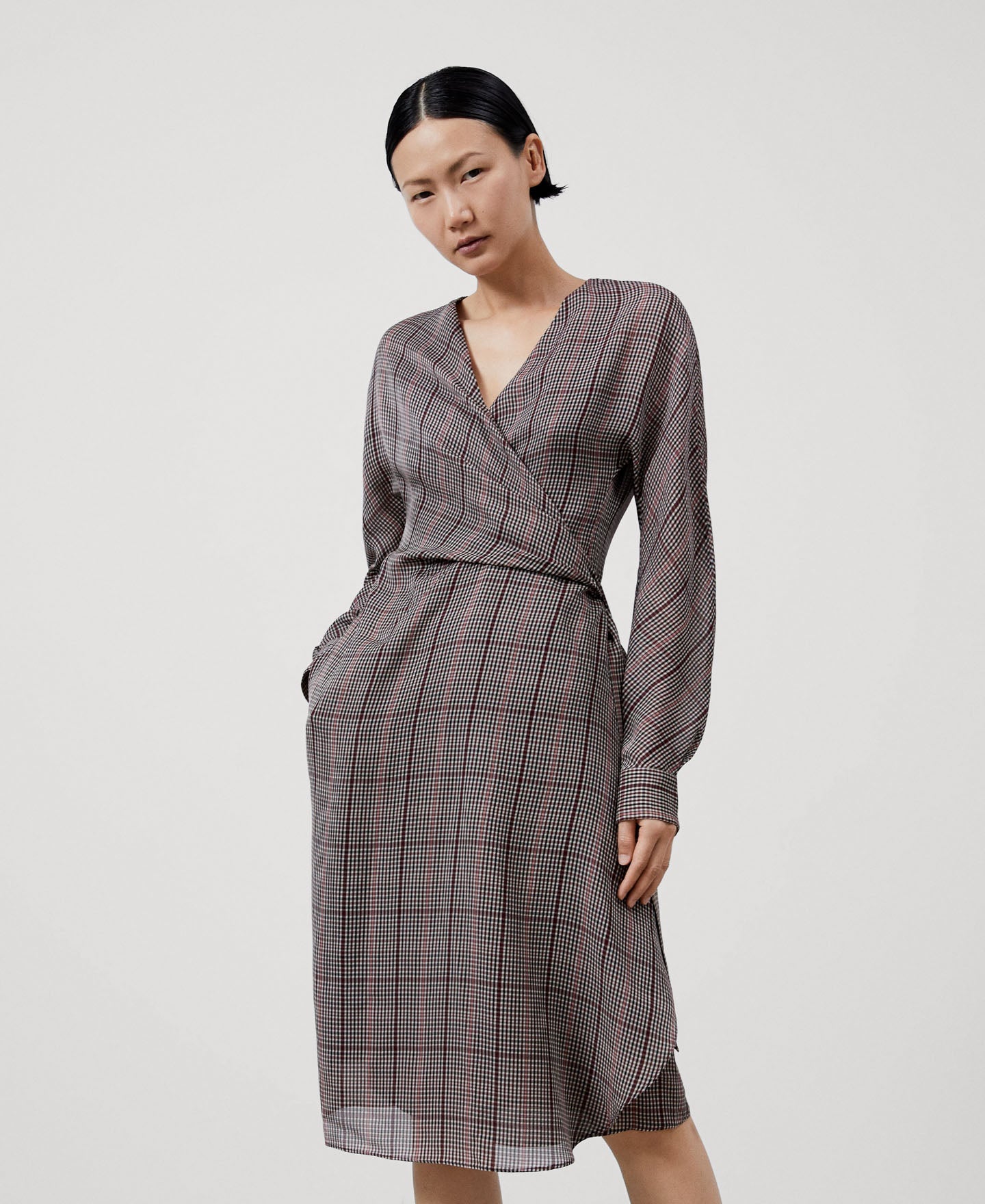 Brown Check Viscosa Wrap Dress