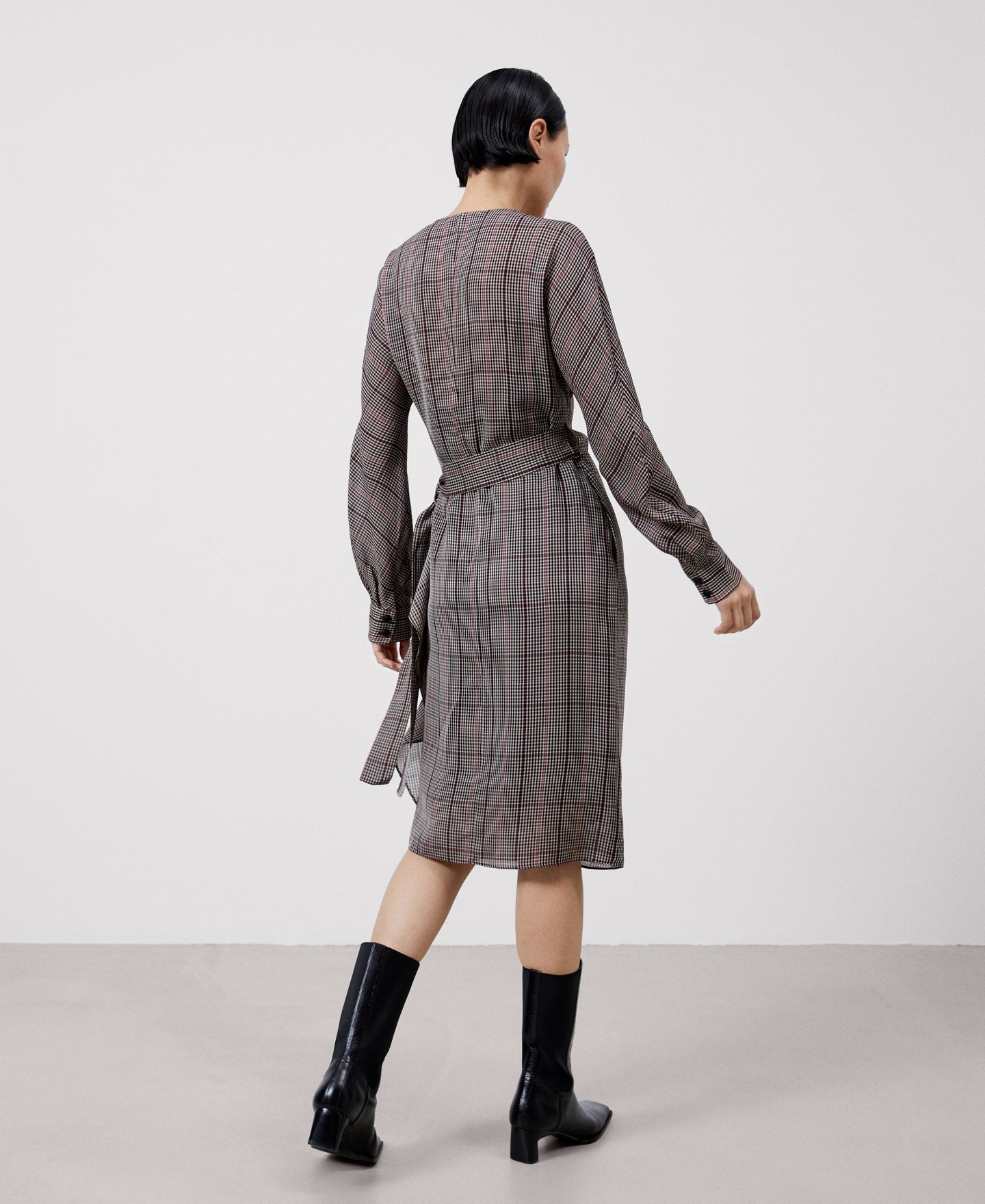 Brown Check Viscosa Wrap Dress