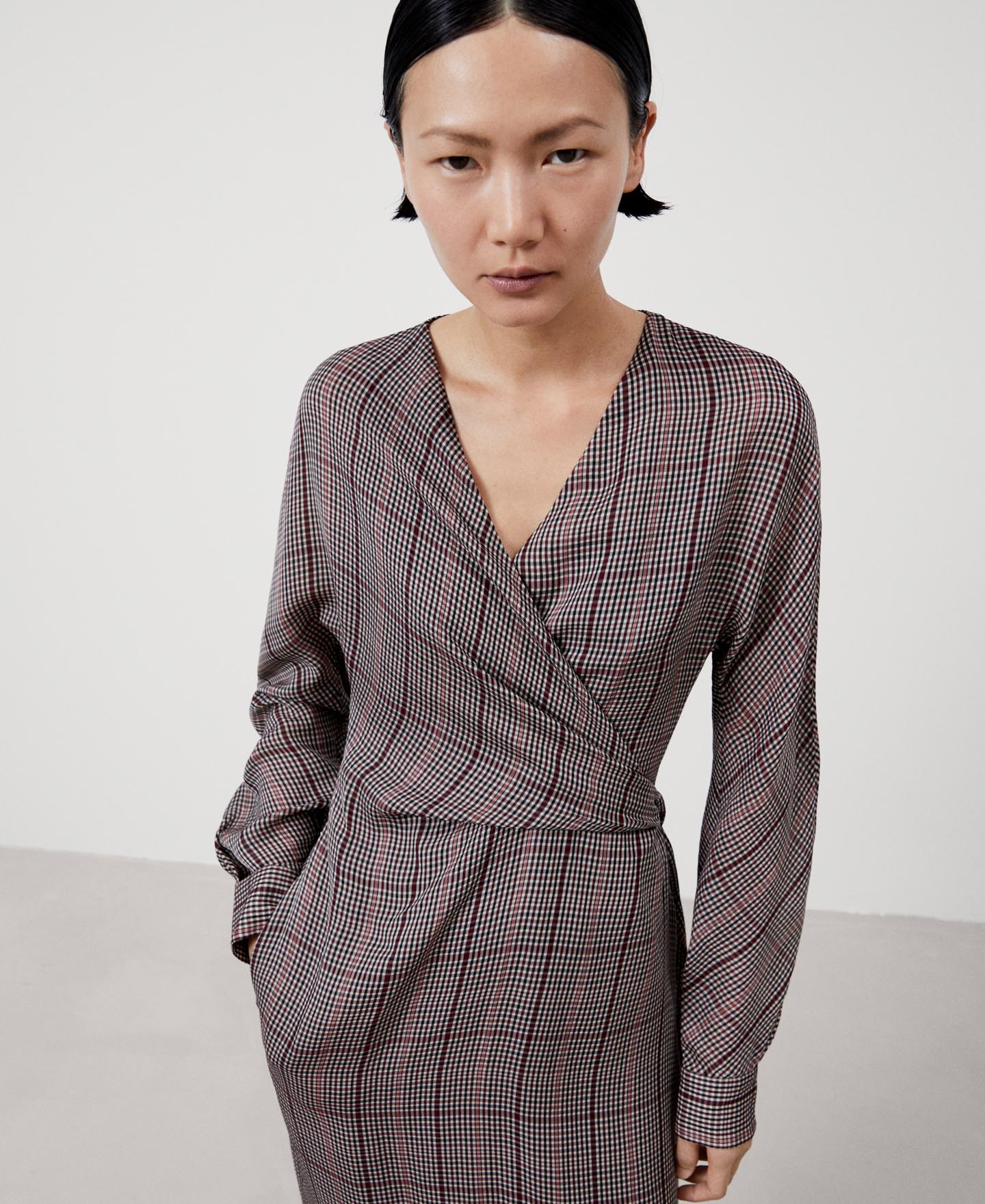 Brown Check Viscosa Wrap Dress