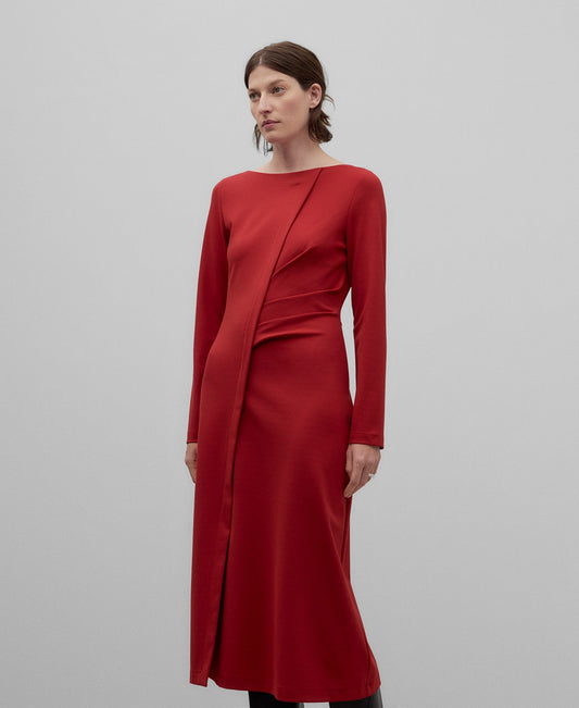 Midi dress with a gather woman in red