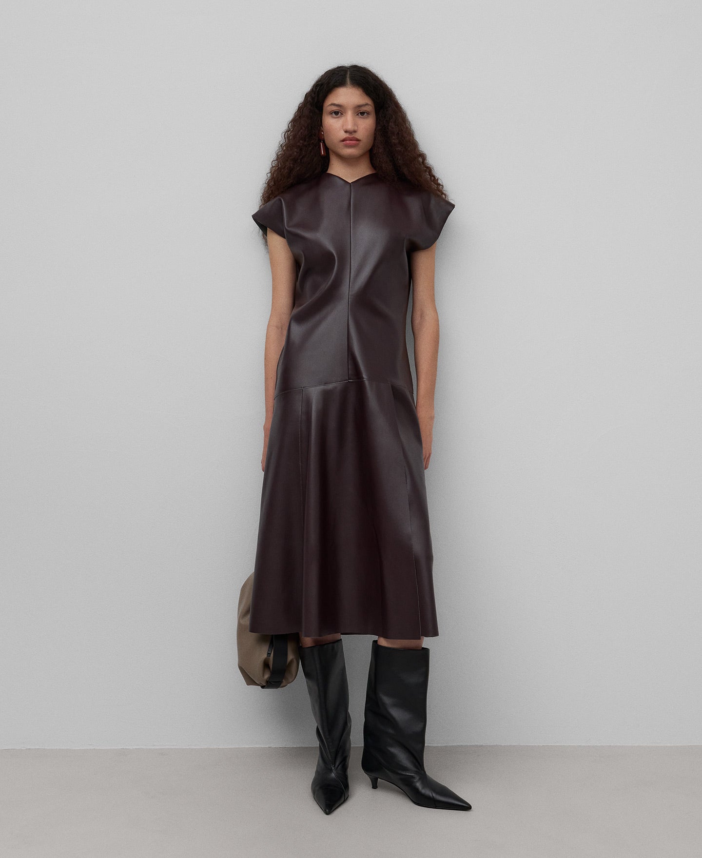 Leather-Non-Leather midi dress woman in chocolate