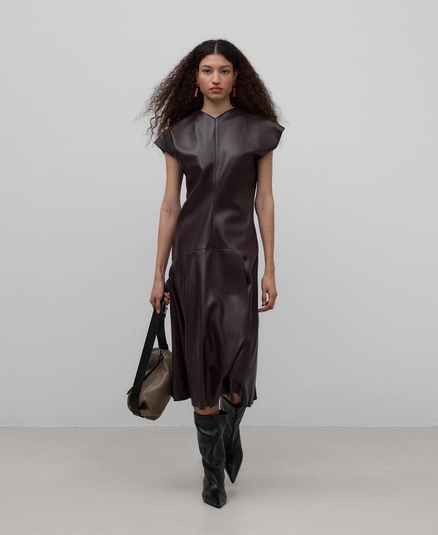 Leather-Non-Leather midi dress woman in chocolate