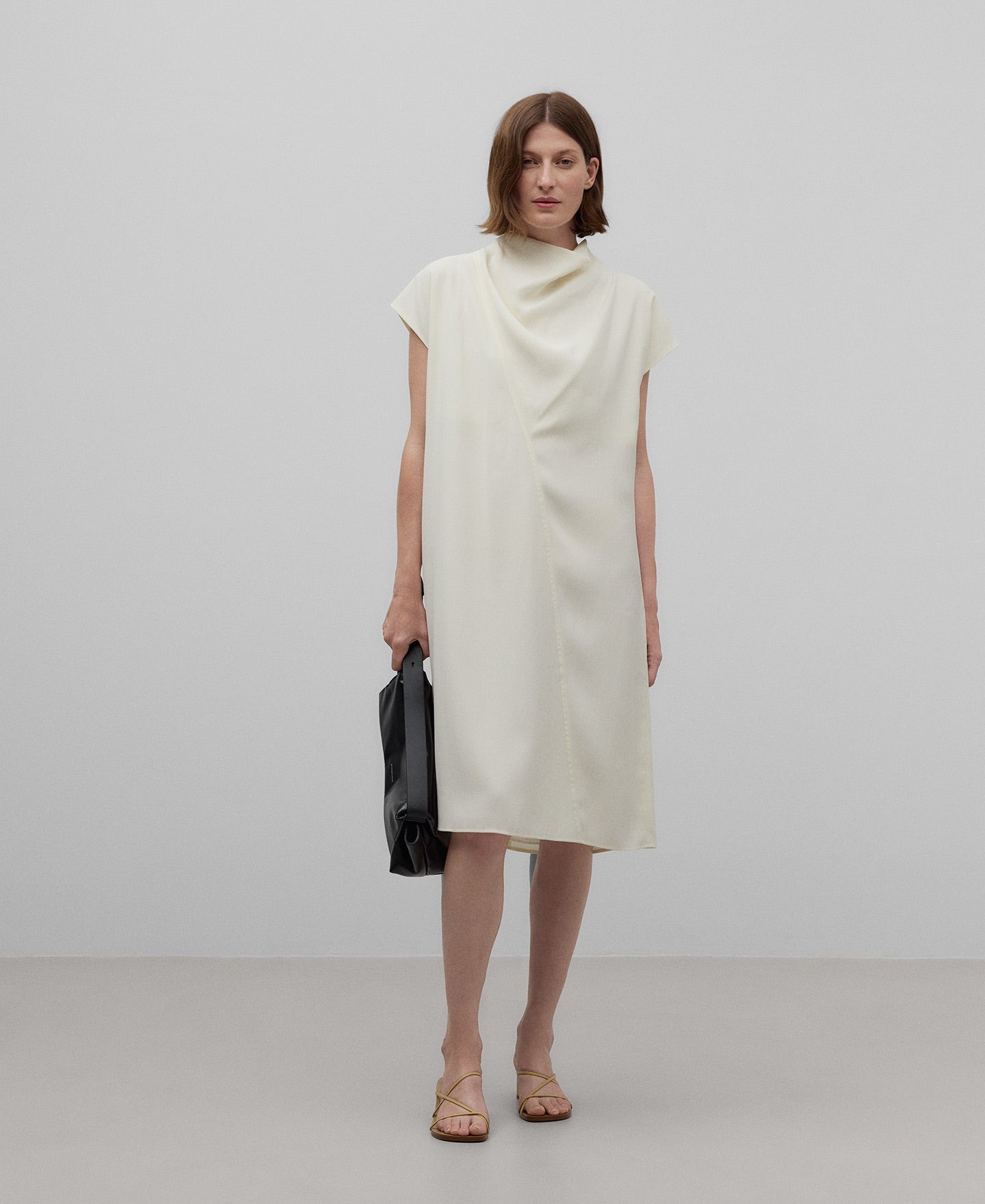 Draped collar straight dress woman in ecru