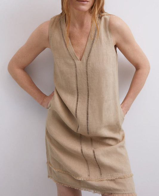 Brown Neckline Dress In Linen