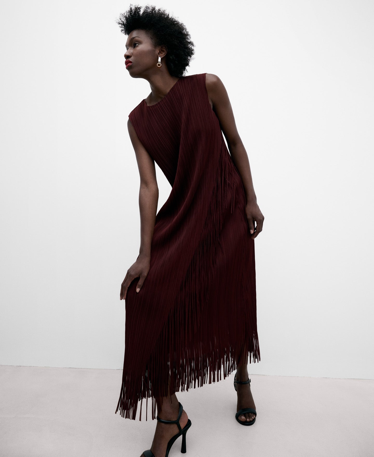 Dark Red Recycled Polyester Fringed Dress