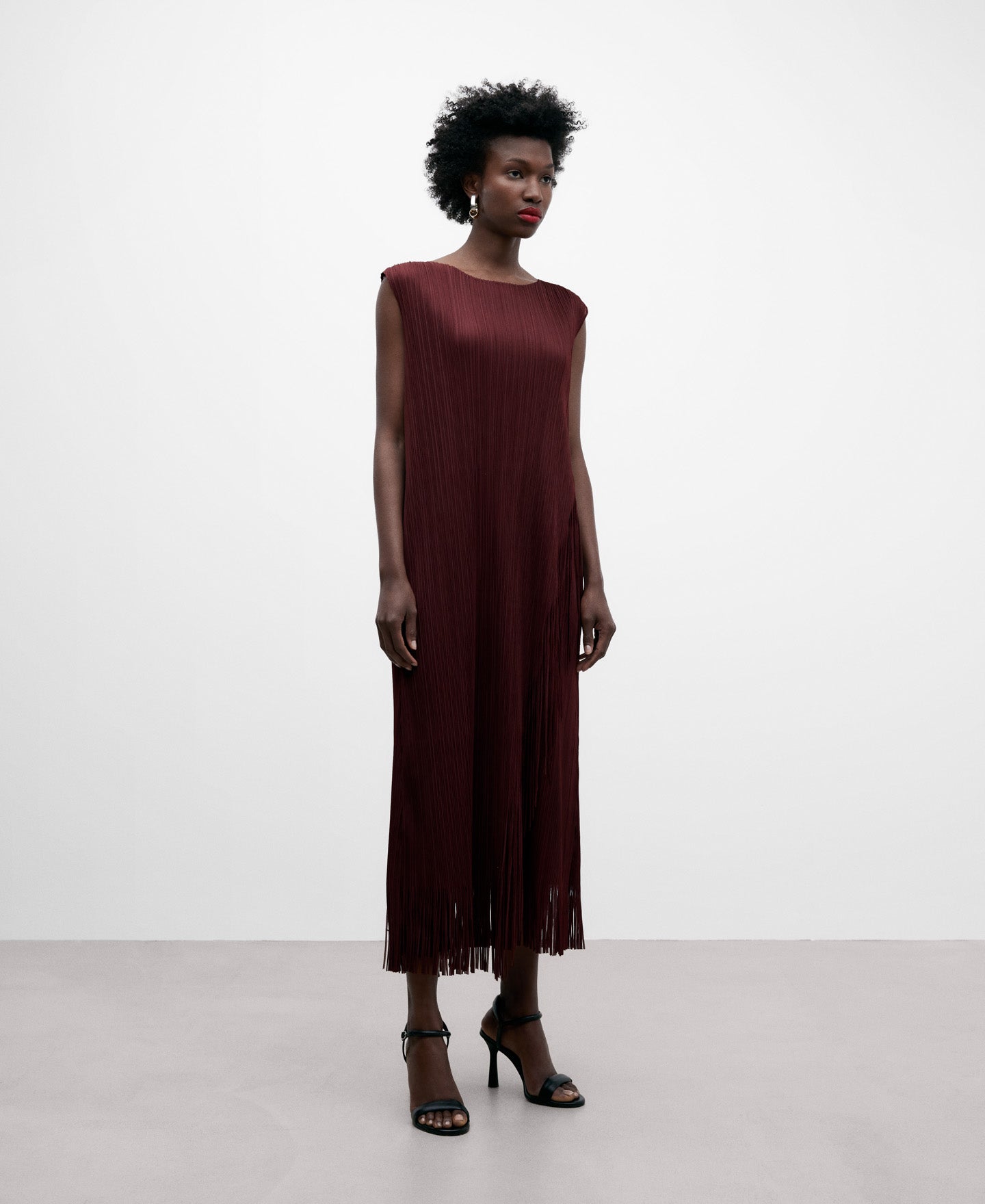 Dark Red Recycled Polyester Fringed Dress