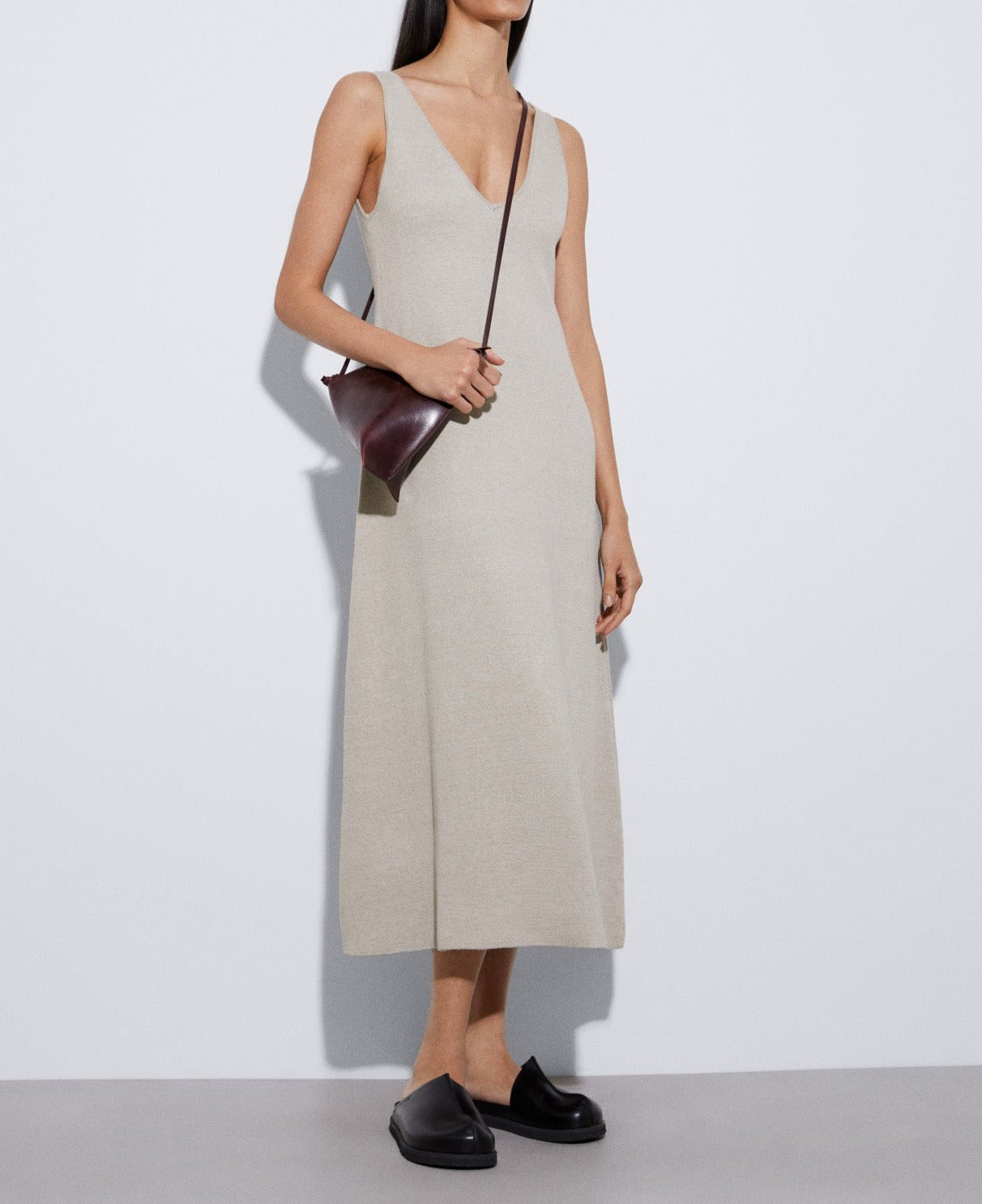 Stone/Ecru V-Neck Dress In Linen