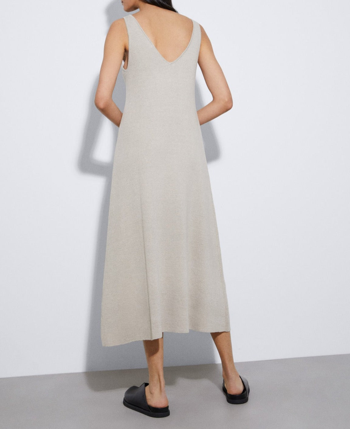 Stone/Ecru V-Neck Dress In Linen