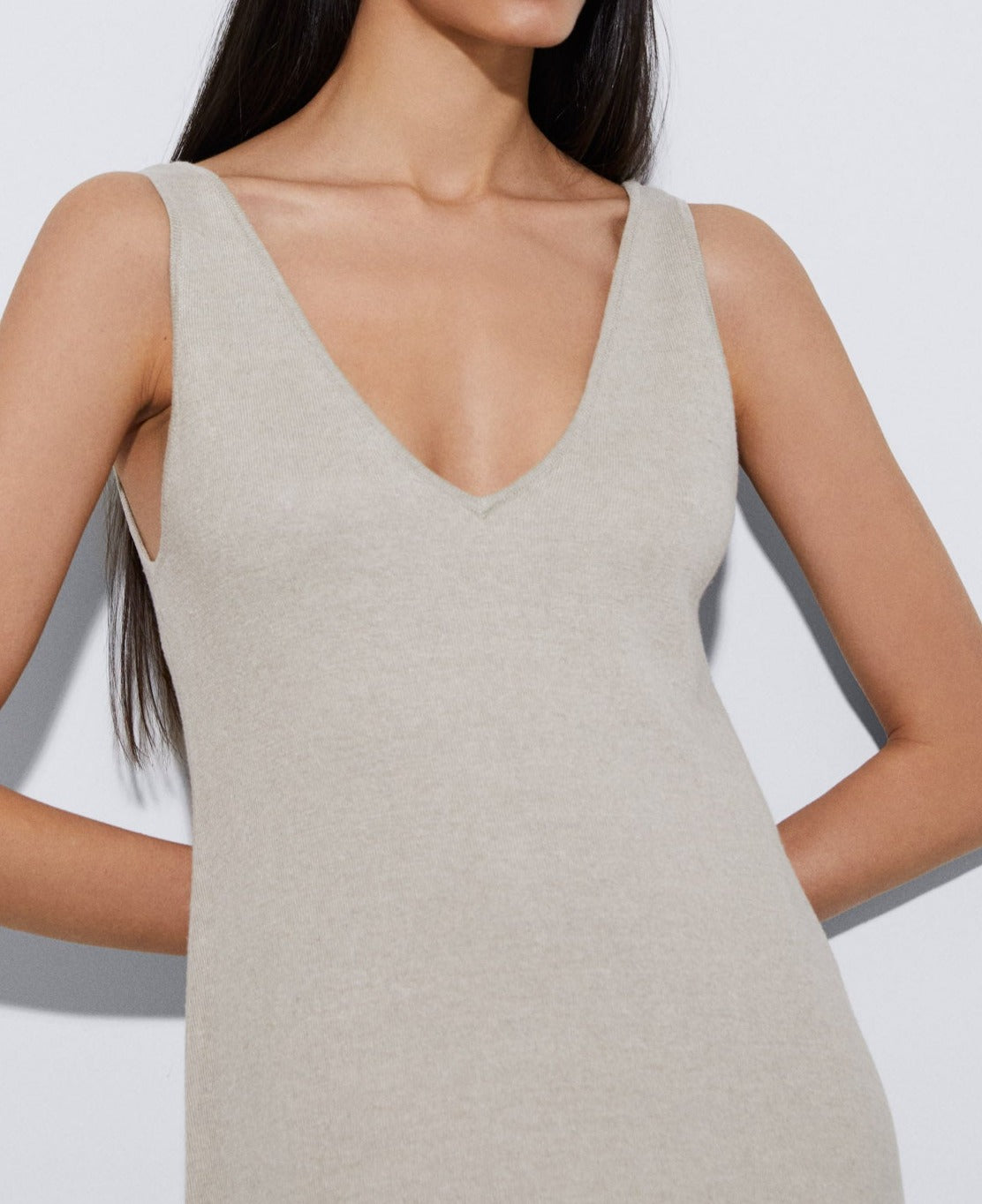 Stone/Ecru V-Neck Dress In Linen