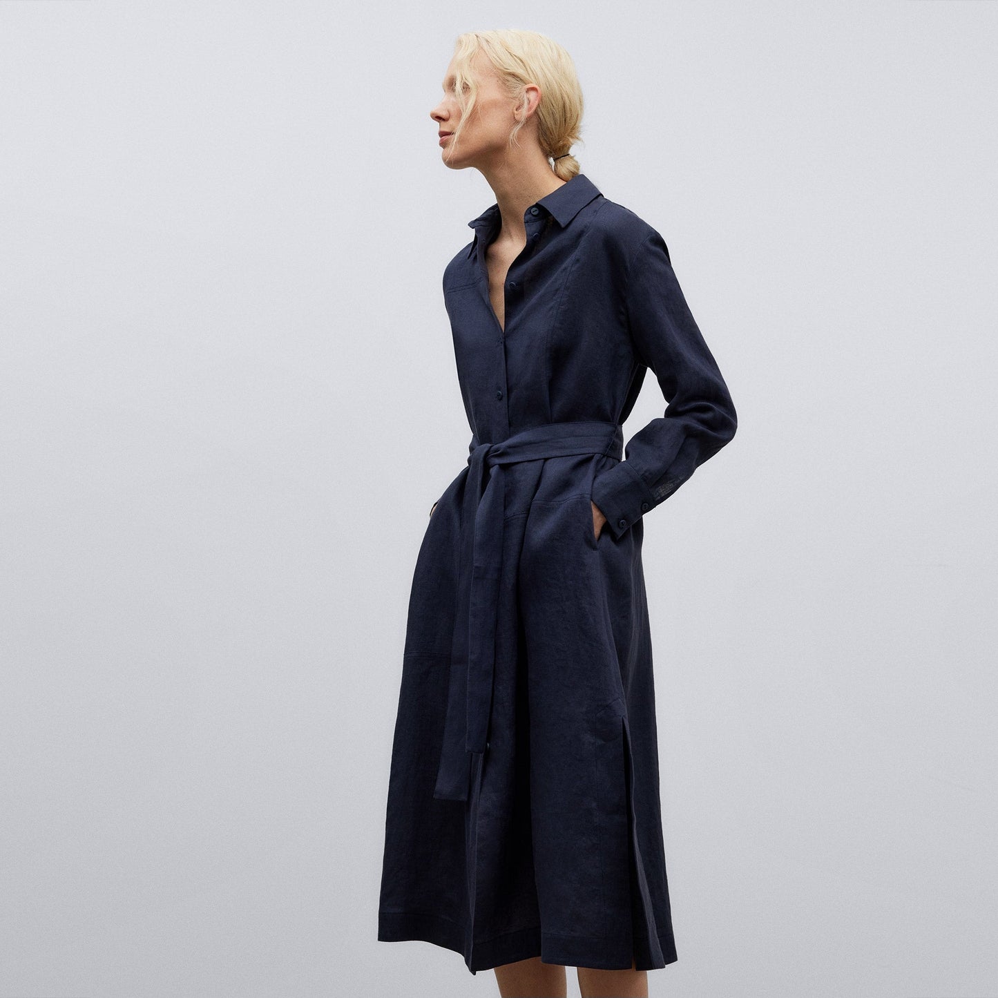 Dark Blue European Linen Shirt-Like Dress