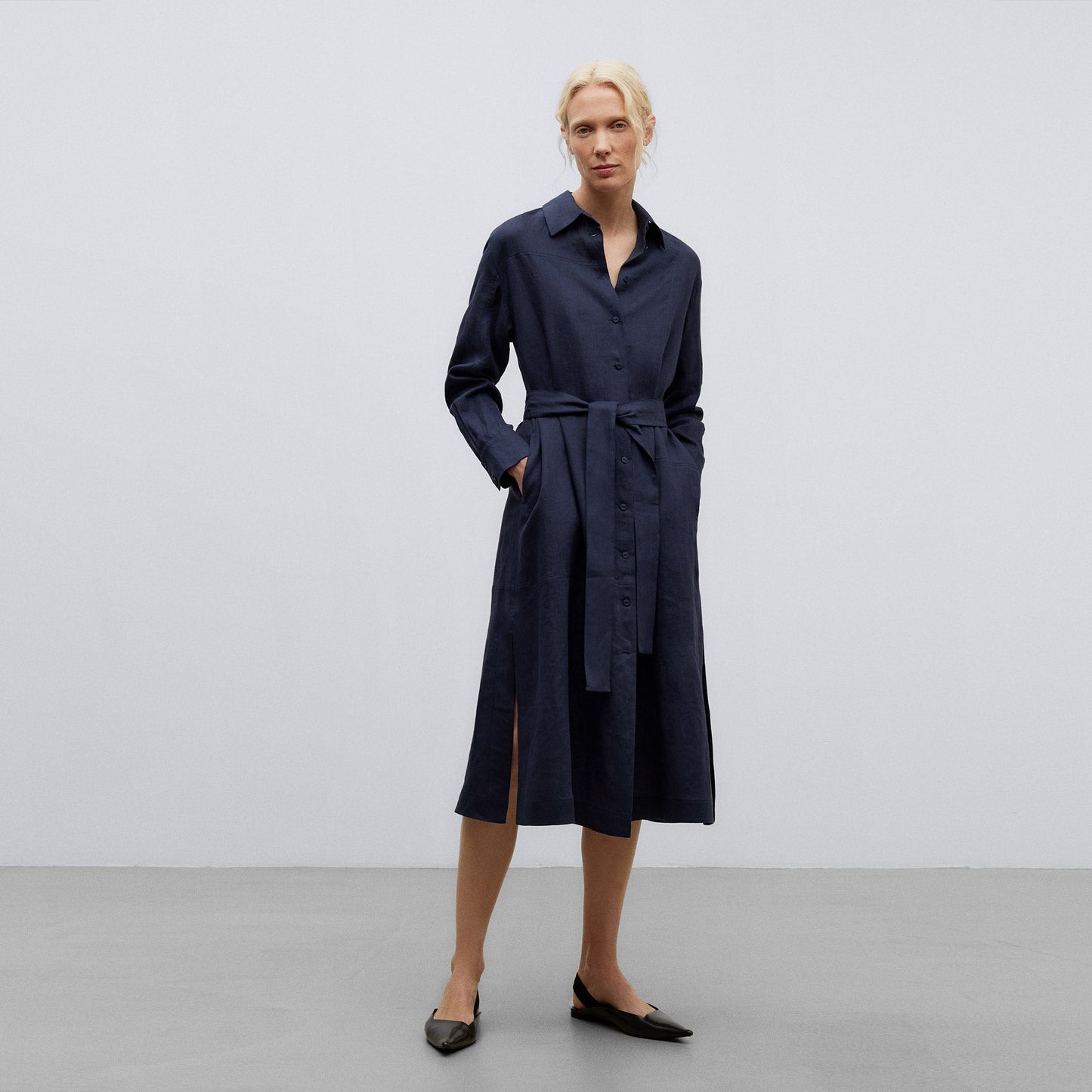 Dark Blue European Linen Shirt-Like Dress