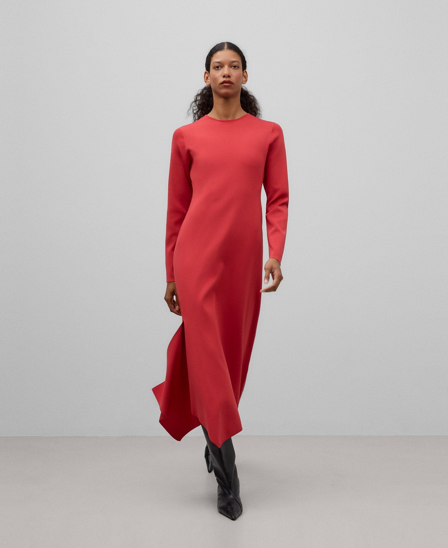 Knit asymmetrical dress woman in red