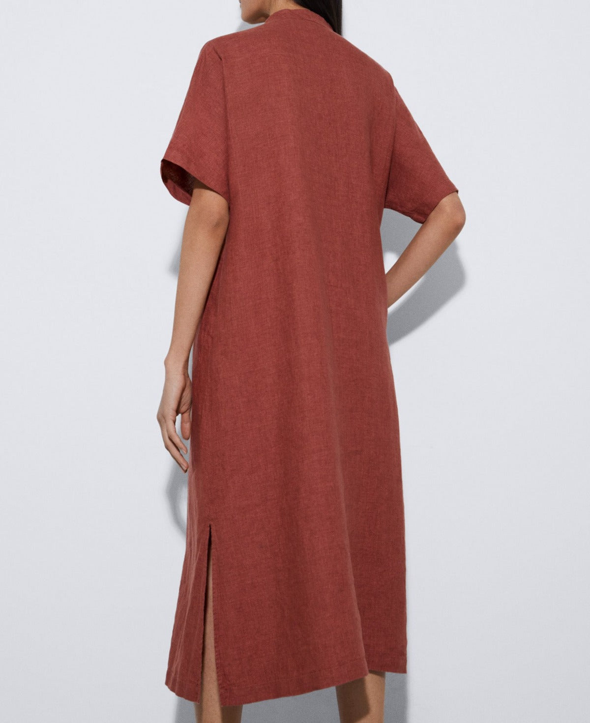 Brick Red Straight Line Dress In European Linen