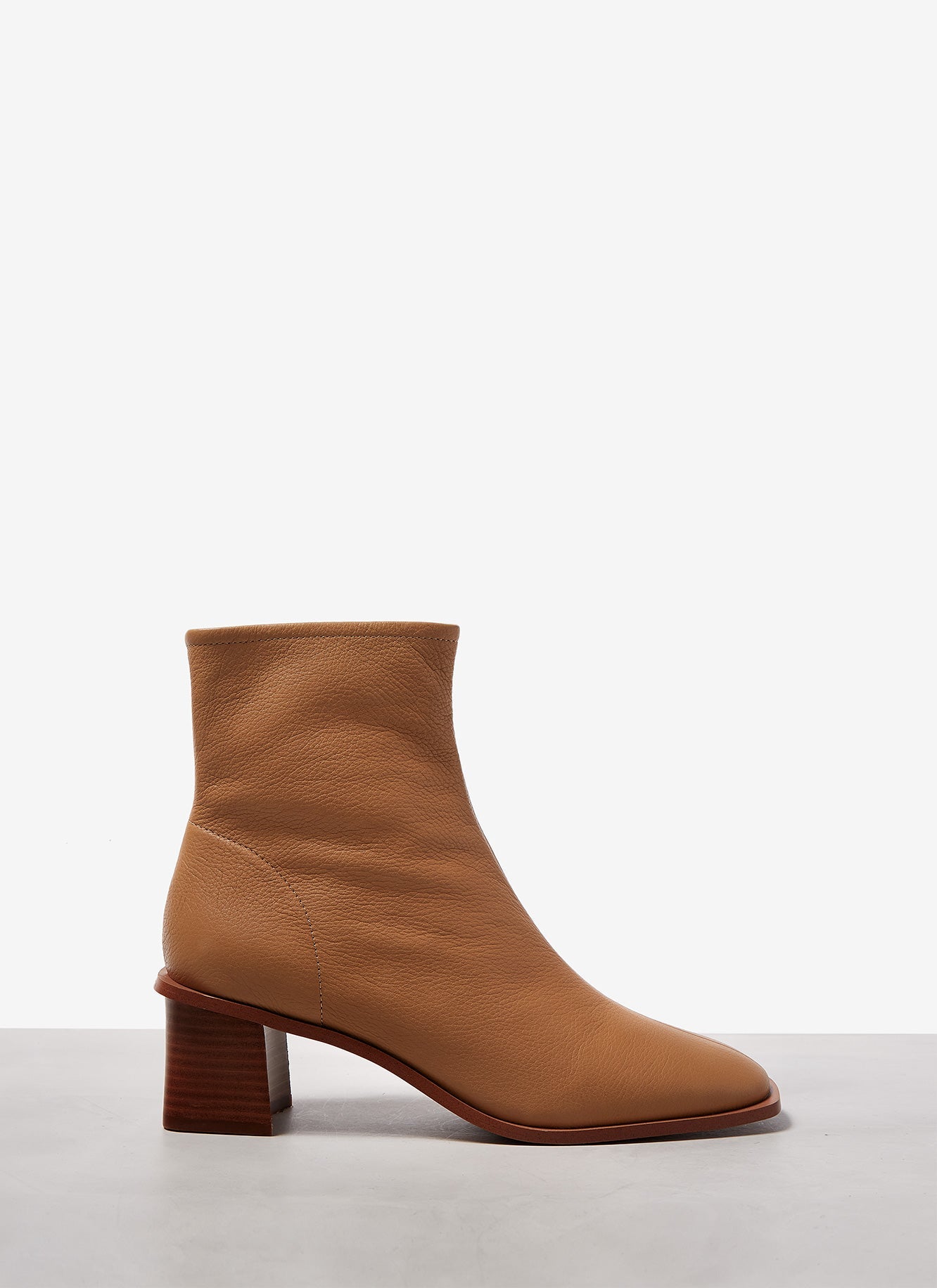 Camel Leather Ankle Boots With Block Heel