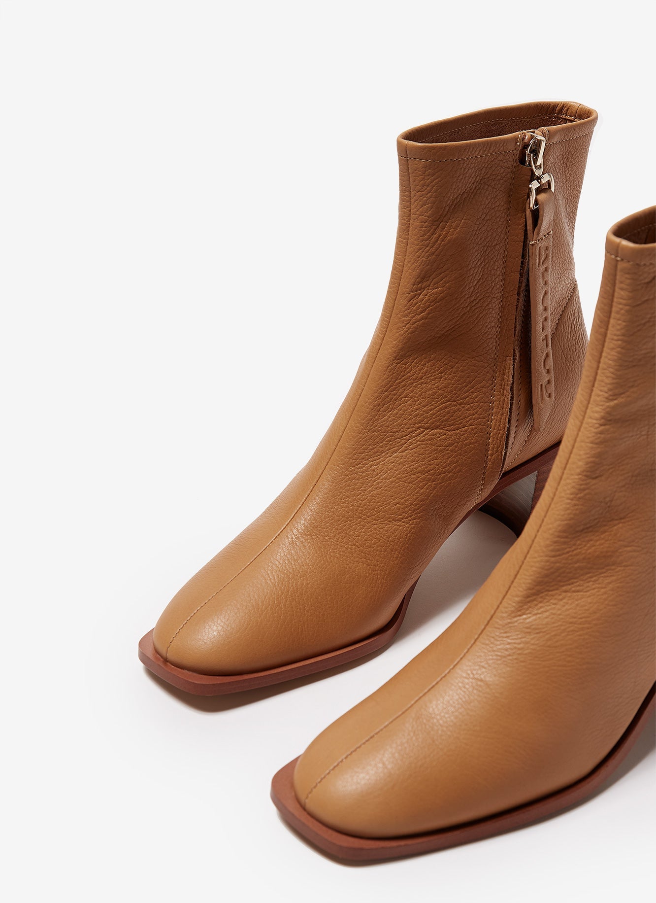 Camel Leather Ankle Boots With Block Heel