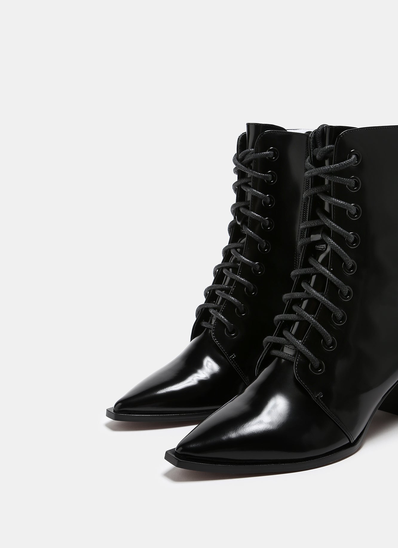 Black Patent Leather Lace-Up Ankle Boots