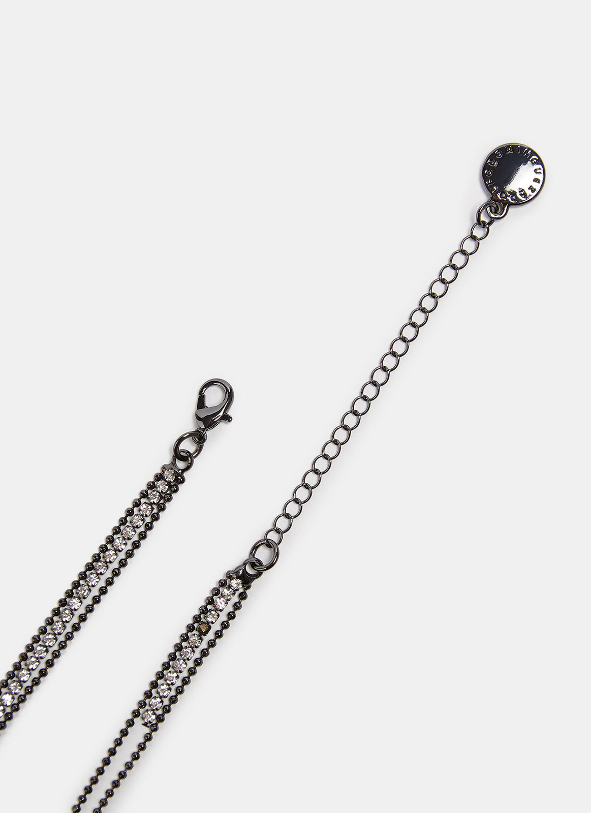 Gun Metal Long Multi-Line Necklace With Crystals