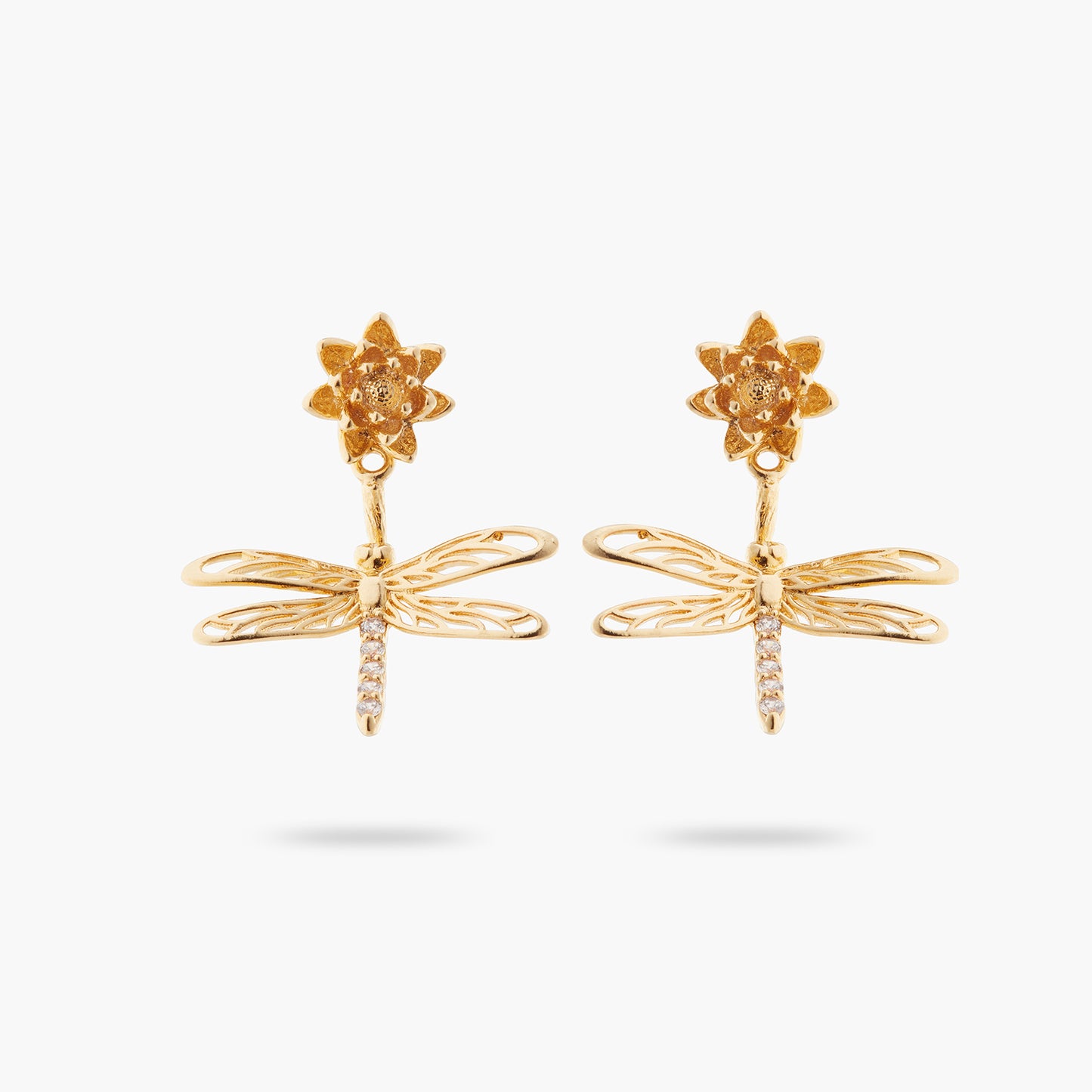 Dragonfly, Flower And Crystal Dangling Earrings | ATNF1061