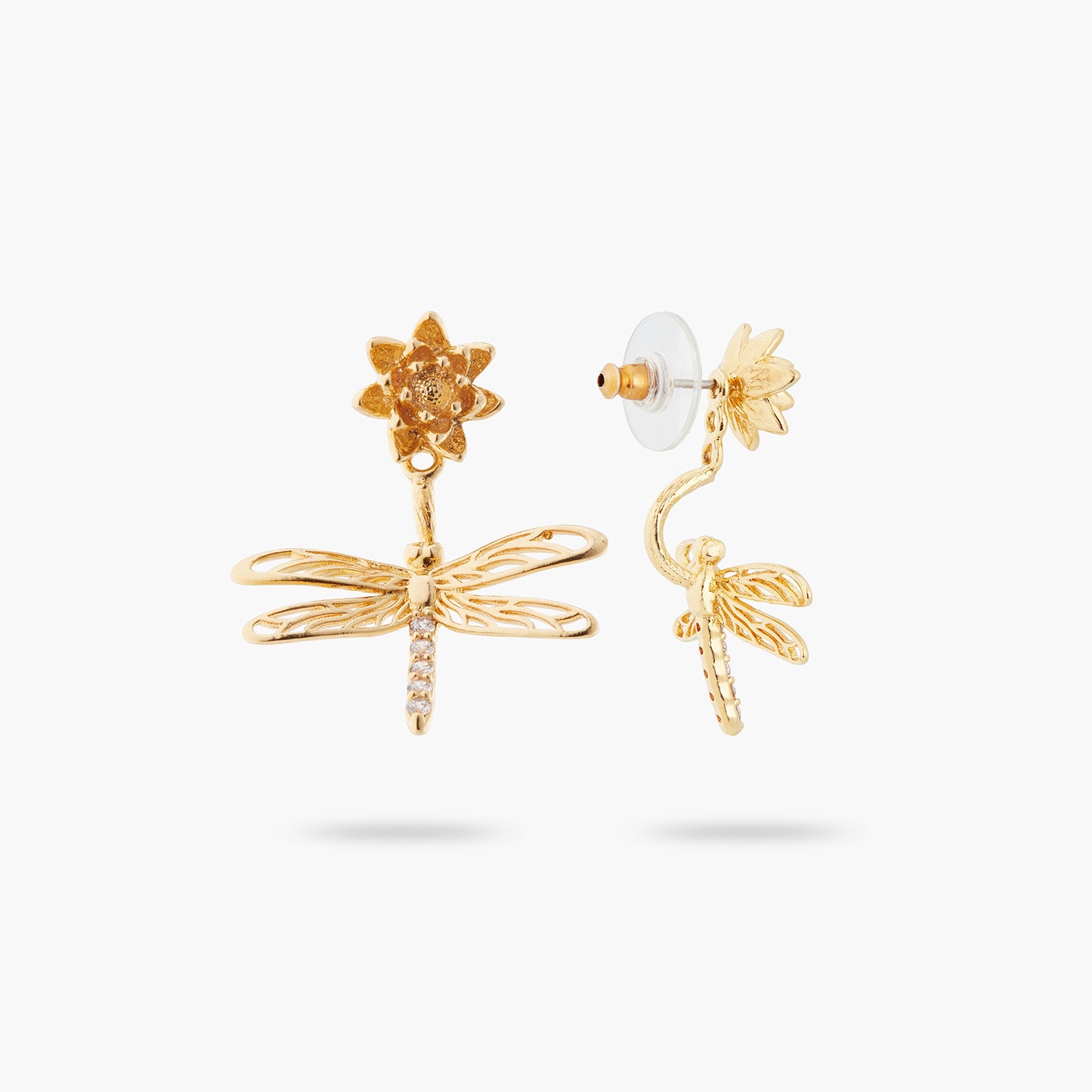 Dragonfly, Flower And Crystal Dangling Earrings | ATNF1061