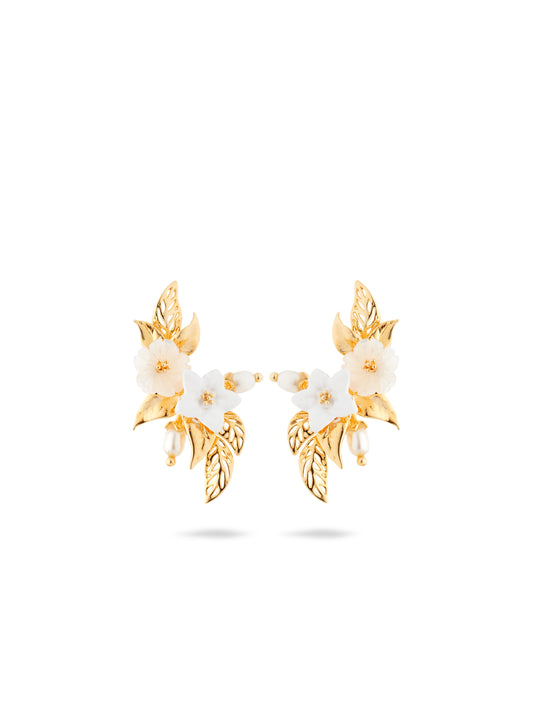 White Jasmine And Gold-Plated Leaves Earrings | AUME1101