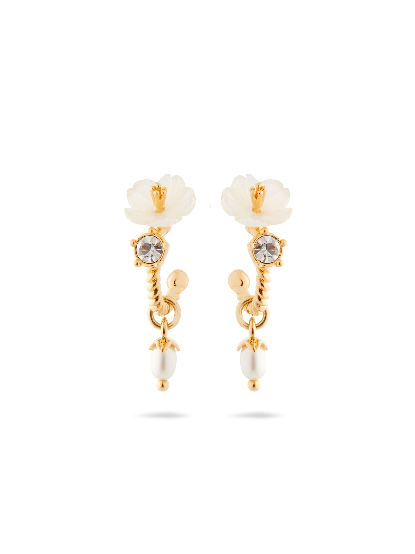 White Jasmine, Faceted Crystal And Glass Pearl Bead Post Dangle Earrings | AUME1121