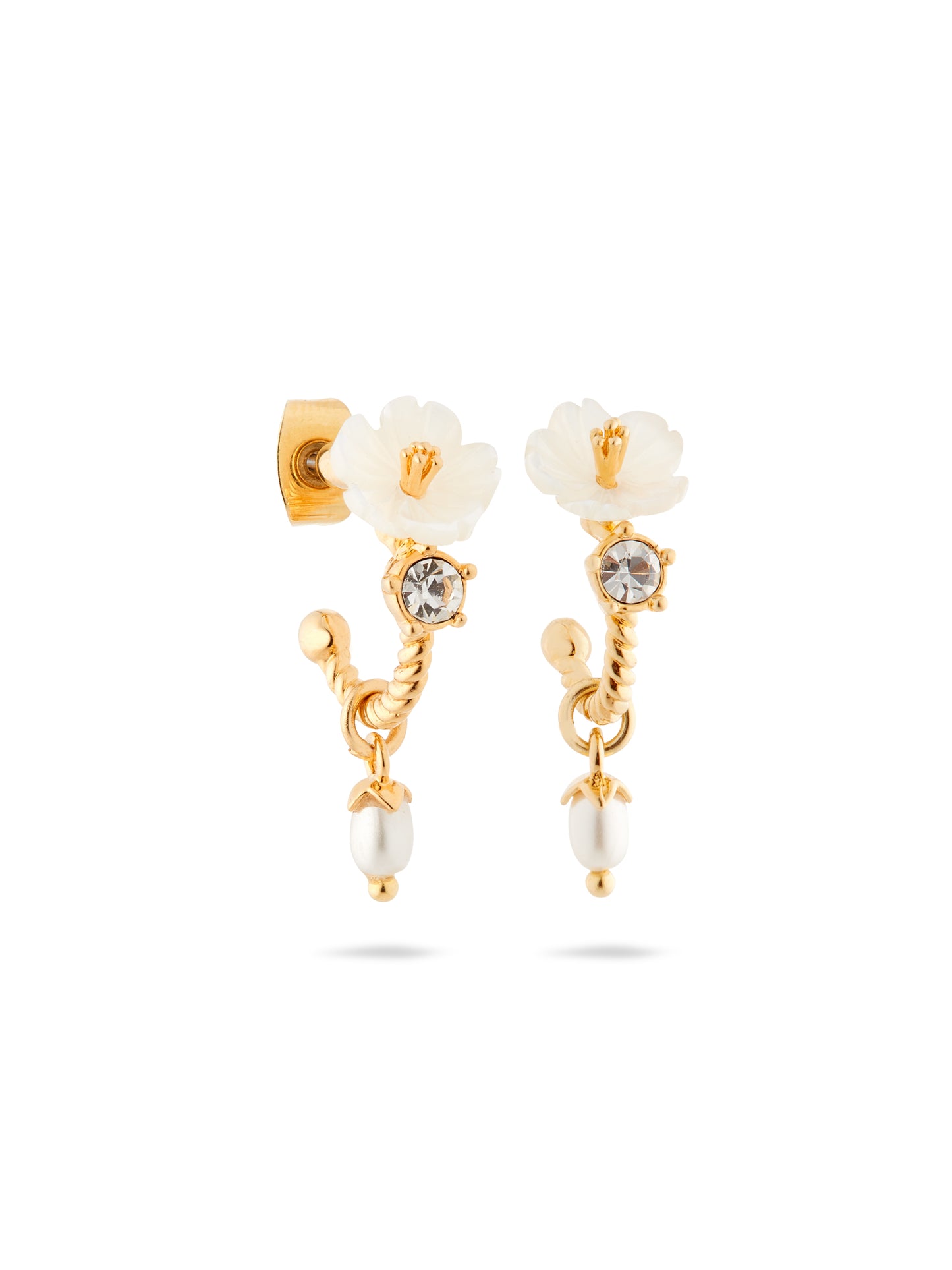 White Jasmine, Faceted Crystal And Glass Pearl Bead Post Dangle Earrings | AUME1121