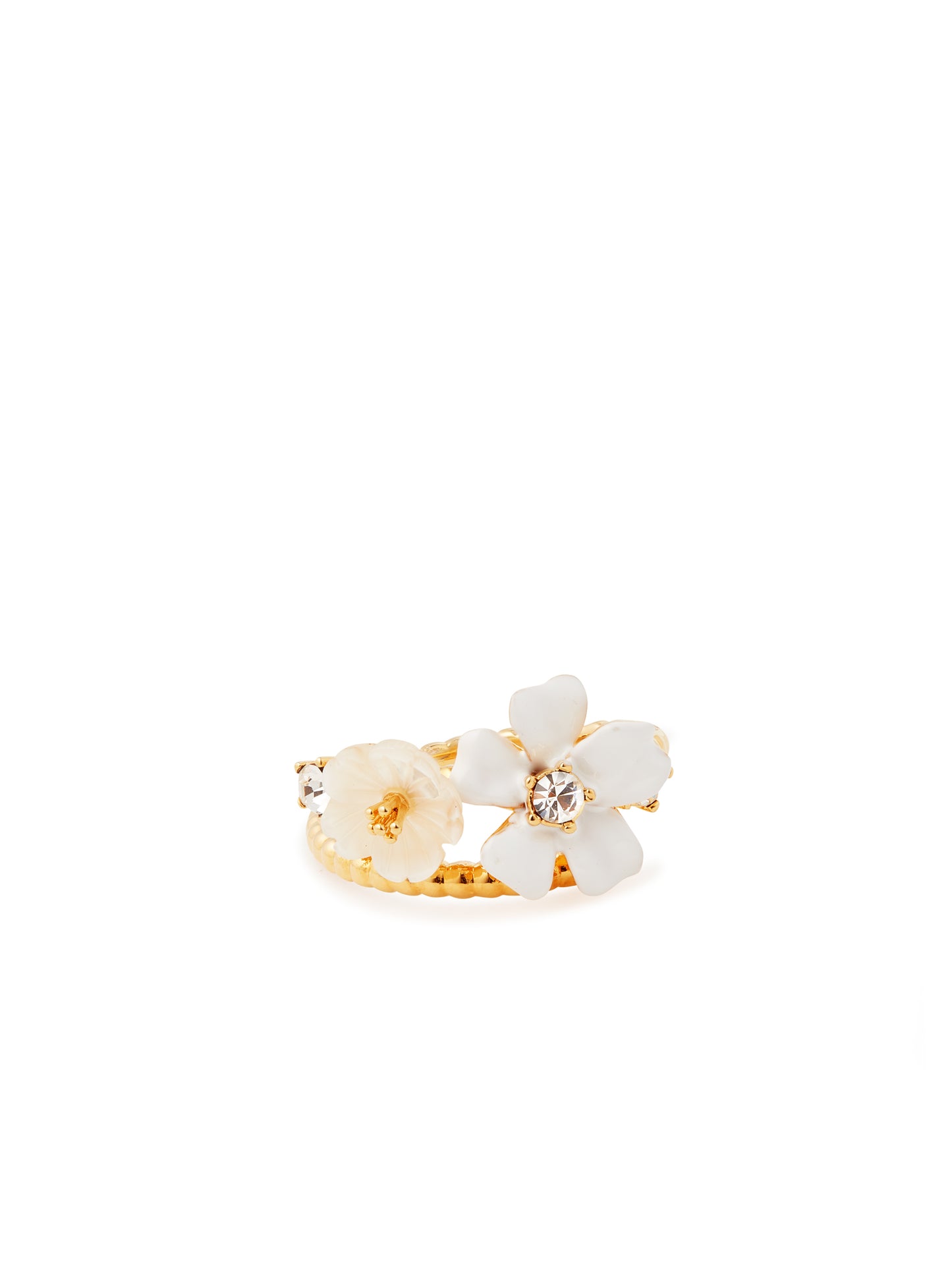 White Jasmine And Faceted Crystal Adjustable Ring | AUME6041