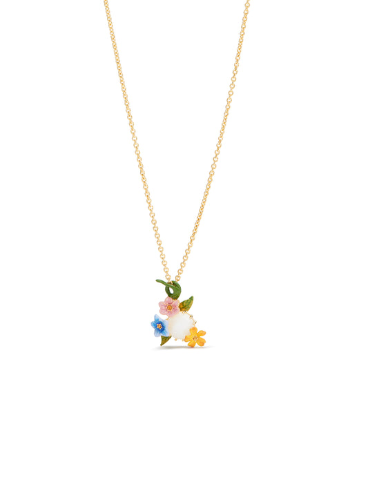 Pendant Necklace With 3 Colourful Jasmine Flowers And Faceted Stone | AUTR3031