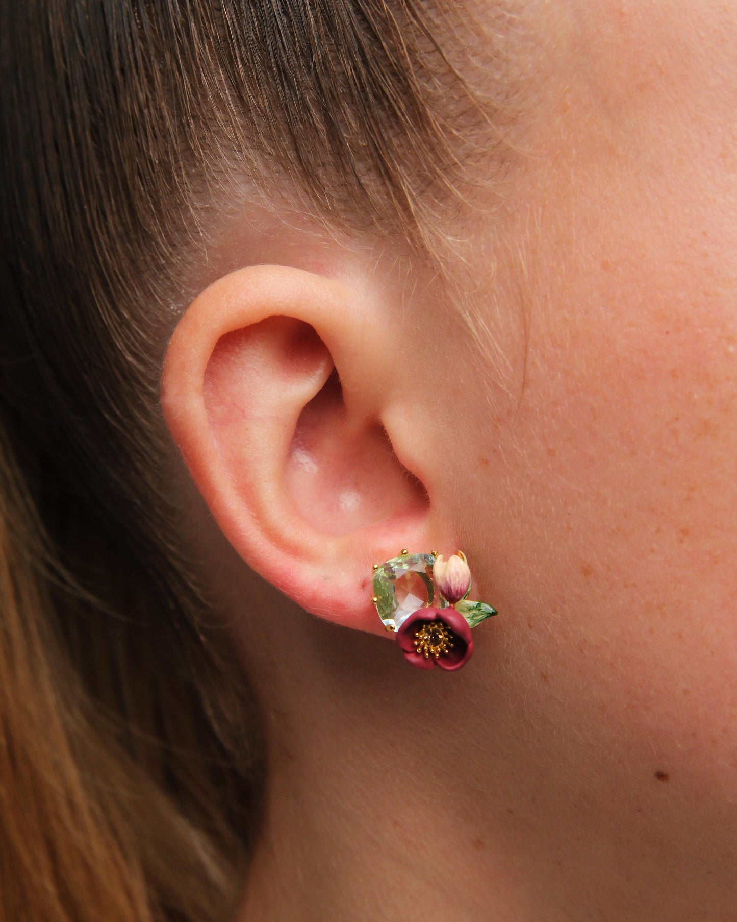 Red Hellebore Flower And Faceted Stone Earrings | AUVH1021