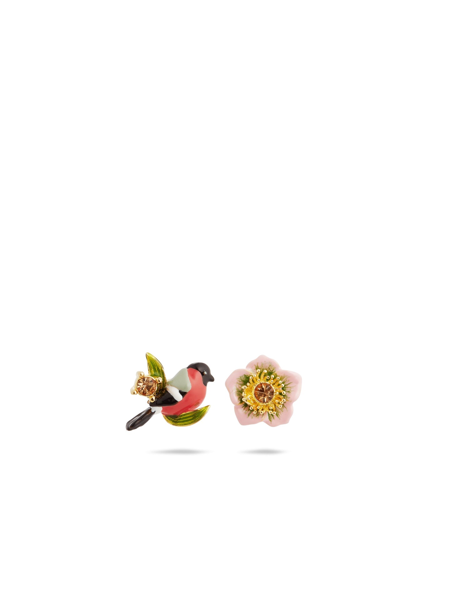 Asymmetrical Pink Hellebore & Red Bird Earrings | AUVH1031