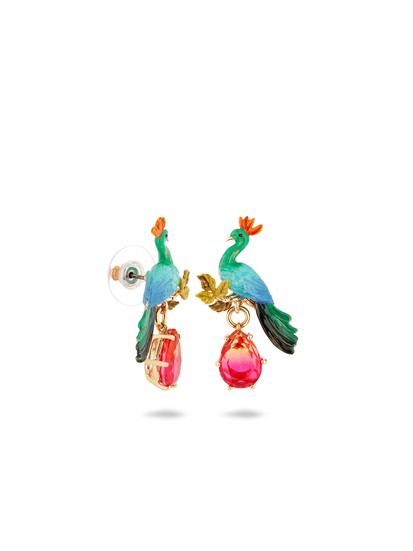 Peacock And Faceted Glass Pear Post Earrings | AUVI1041