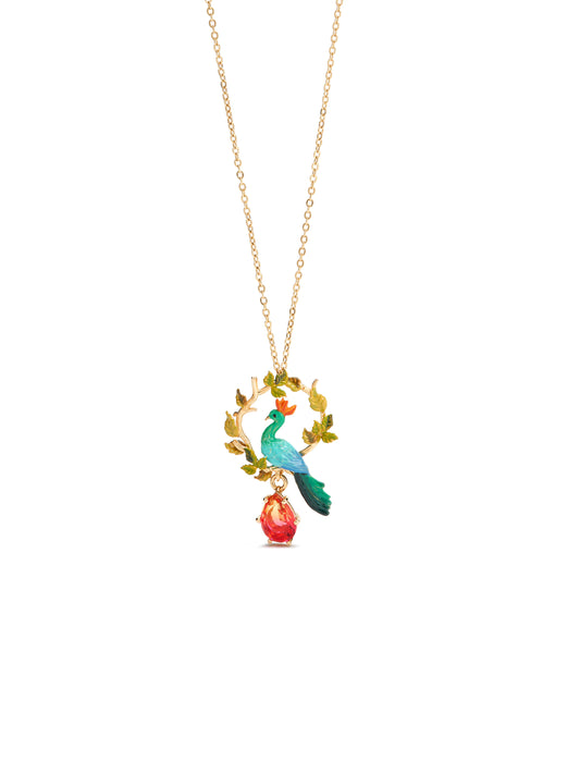 Peacock And Faceted Glass Pear Pendant Necklace | AUVI3041