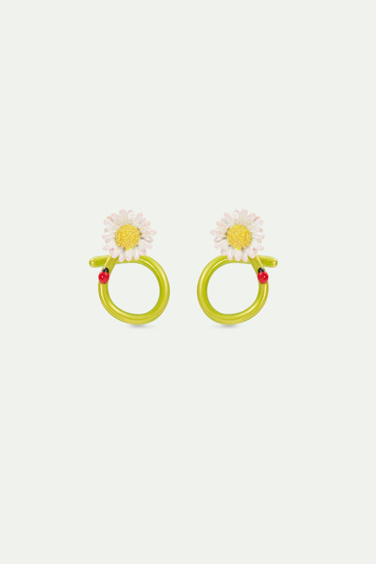 White Flower And Ladybird Post Hoop Earrings | AVPE1011