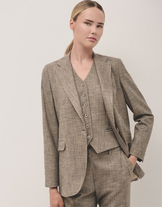 Beige and blue microprint blazer with one button