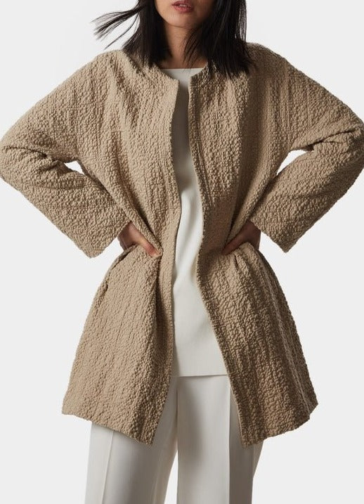 Women Coat | Beige Bouclé Cotton Fluid Coat by Spanish designer Adolfo Dominguez