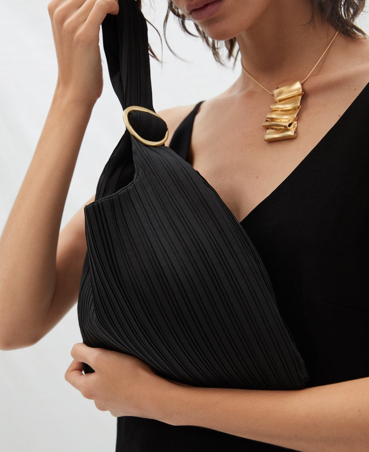 Women Bags | Black Cocktail Bag In Pleated Fabric by Spanish designer Adolfo Dominguez