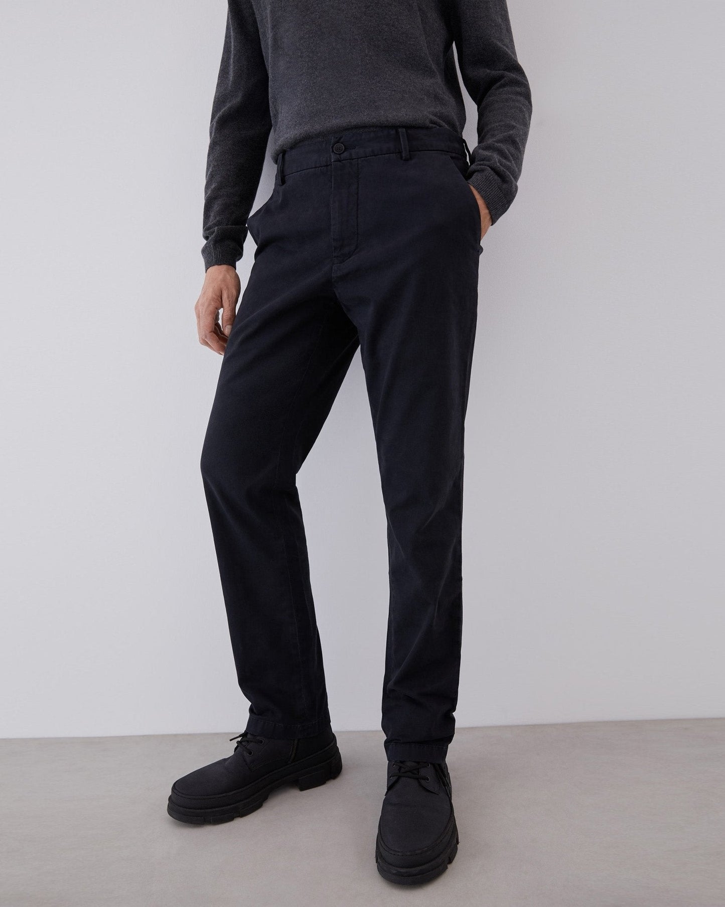 Men Trousers | Black Elastic Cotton Chino Trousers by Spanish designer Adolfo Dominguez