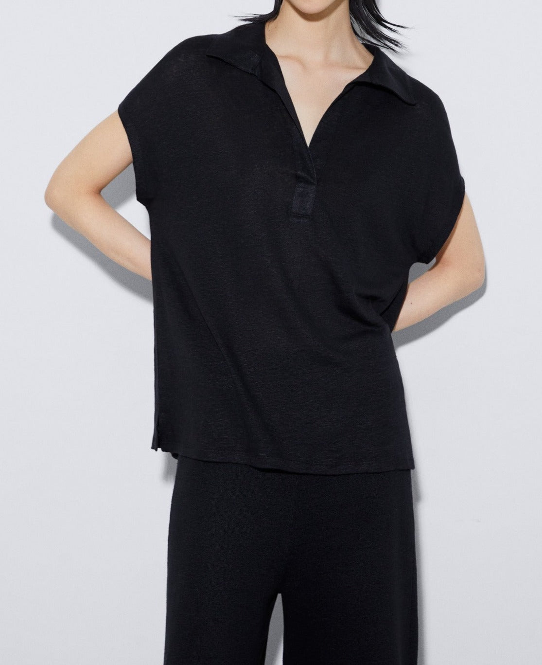 Women T-Shirt (Short Sleeve) | Black Linen Polo Shirt With Placket by Spanish designer Adolfo Dominguez