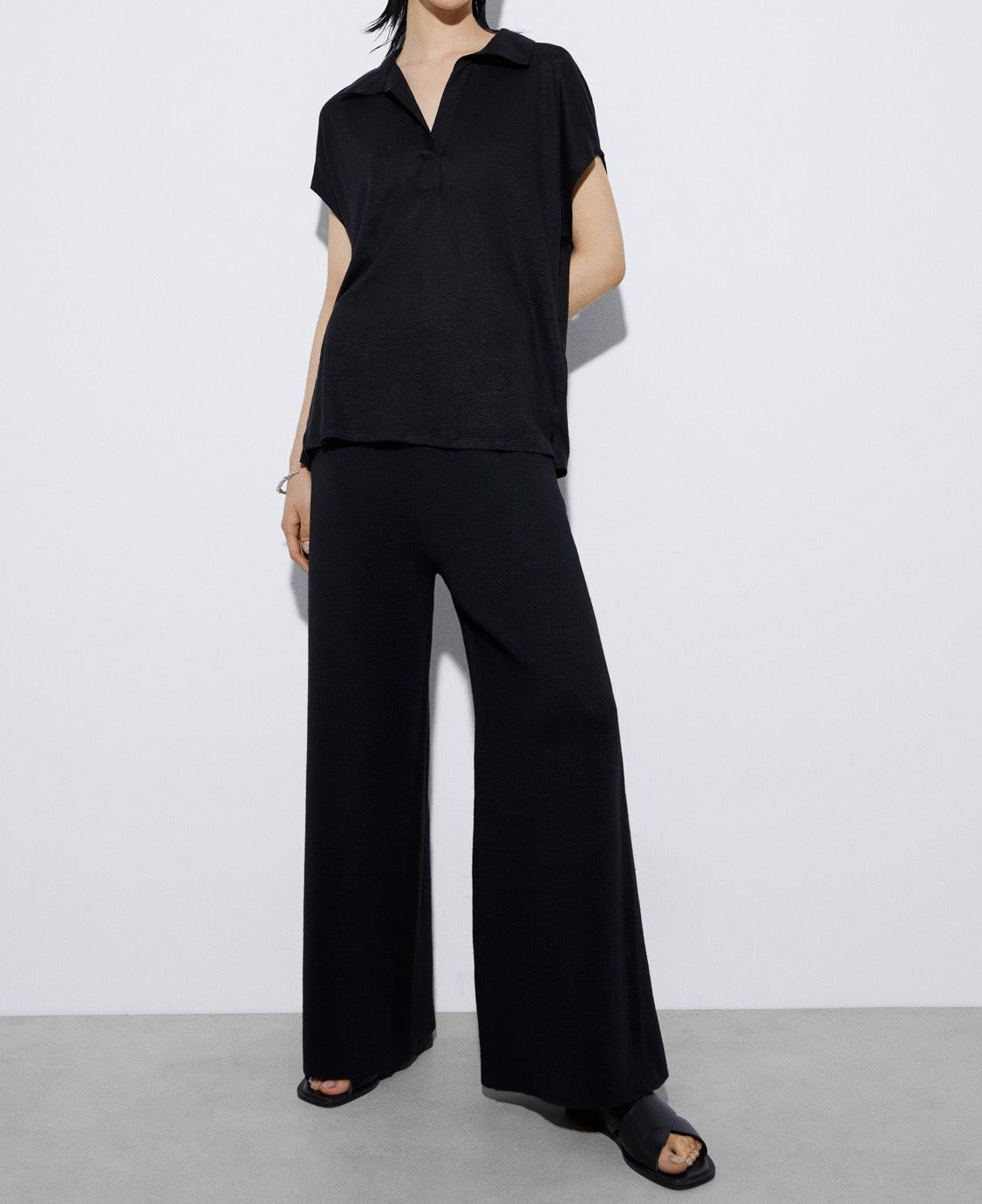 Women T-Shirt (Short Sleeve) | Black Linen Polo Shirt With Placket by Spanish designer Adolfo Dominguez