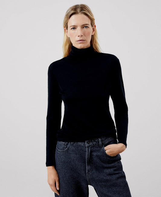 Women Long-Sleeve T-Shirt | Black Merino Wool Long Sleeve T-Shirt by Spanish designer Adolfo Dominguez