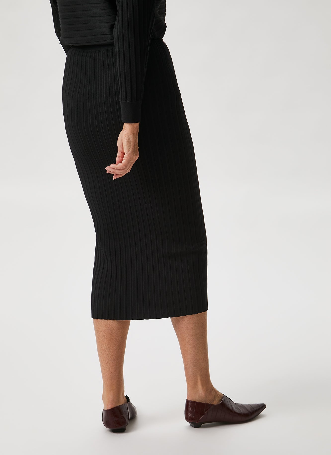 Women Skirt | Black Pleated Knit Midi Skirt by Spanish designer Adolfo Dominguez