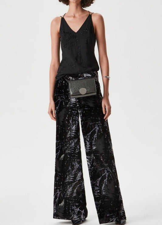 Women Trousers | Black Print Velveteen Trousers With Fento Prin by Spanish designer Adolfo Dominguez