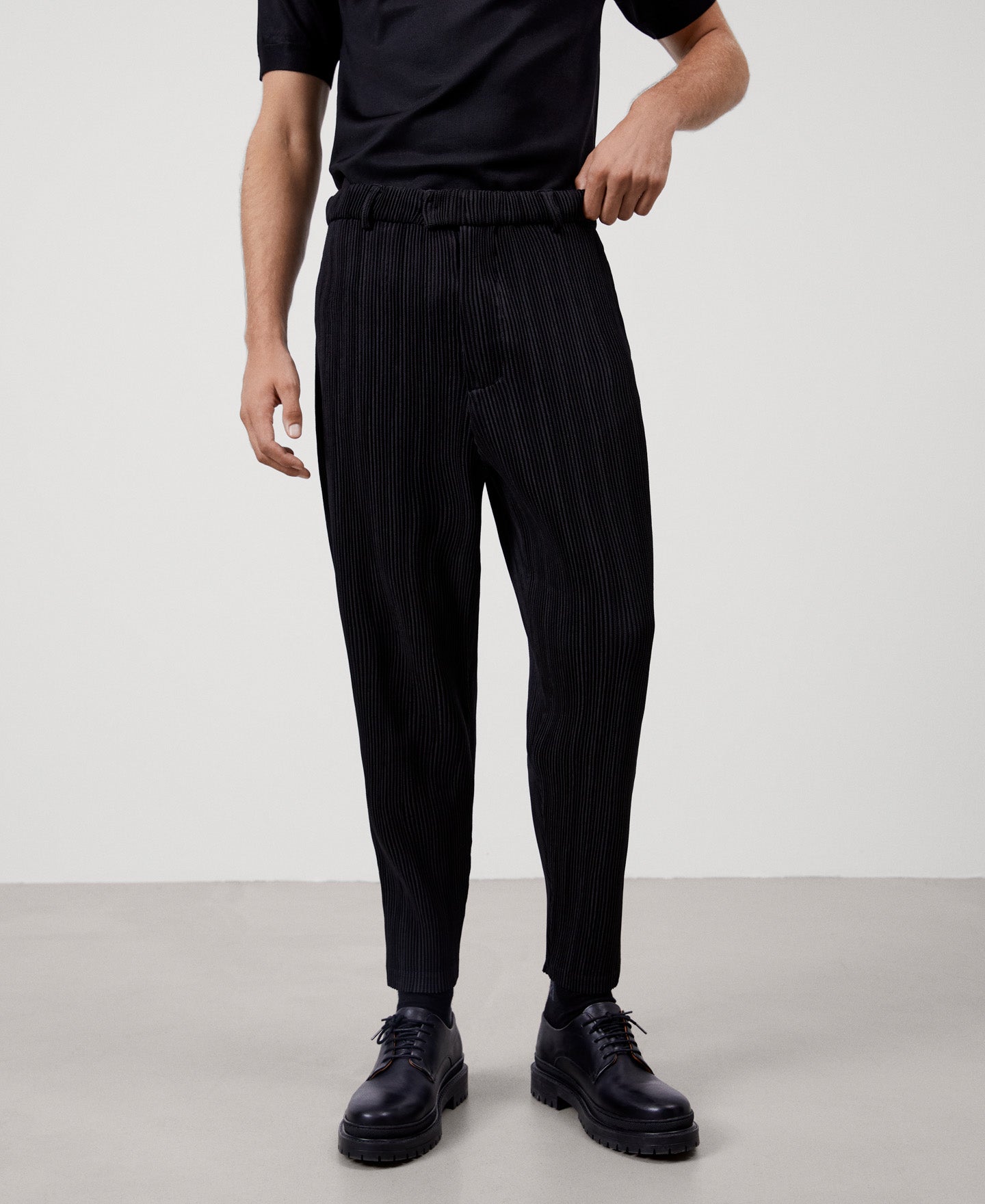 Men Trousers | Black Recycled Polyester Crinkle Trousers by Spanish designer Adolfo Dominguez