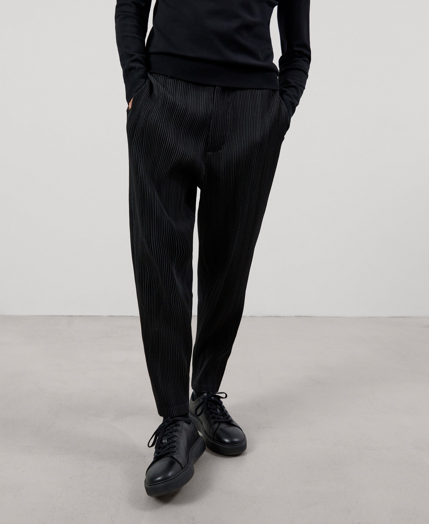 Men Trousers | Black Recycled Polyester Crinkle Trousers by Spanish designer Adolfo Dominguez