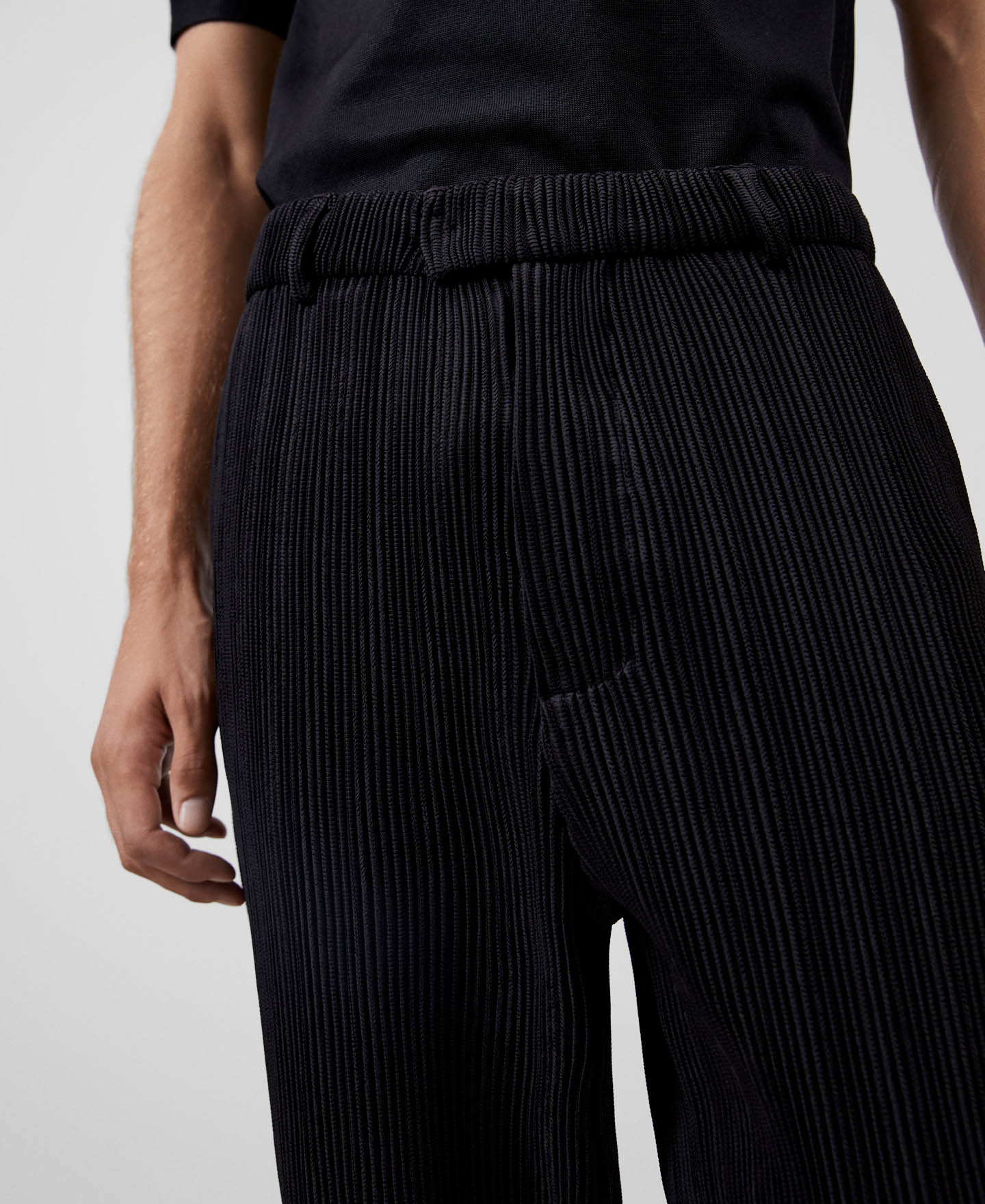 Men Trousers | Black Recycled Polyester Crinkle Trousers by Spanish designer Adolfo Dominguez