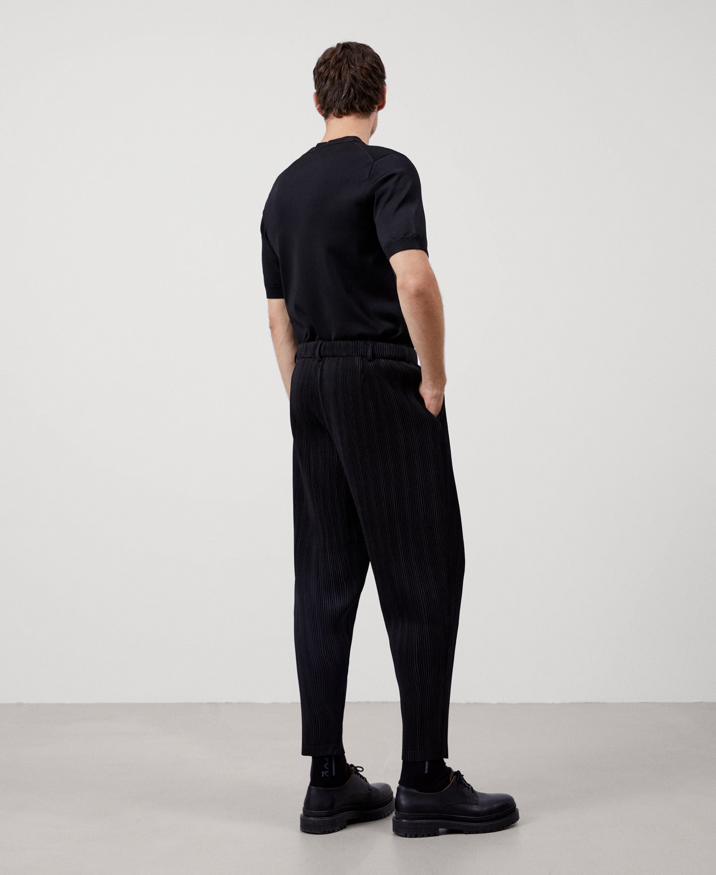 Men Trousers | Black Recycled Polyester Crinkle Trousers by Spanish designer Adolfo Dominguez