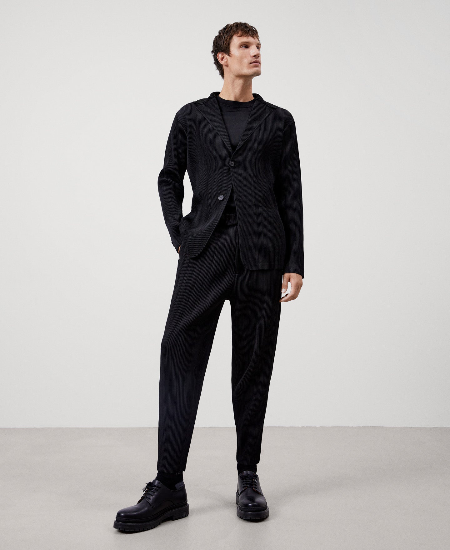 Men Trousers | Black Recycled Polyester Crinkle Trousers by Spanish designer Adolfo Dominguez