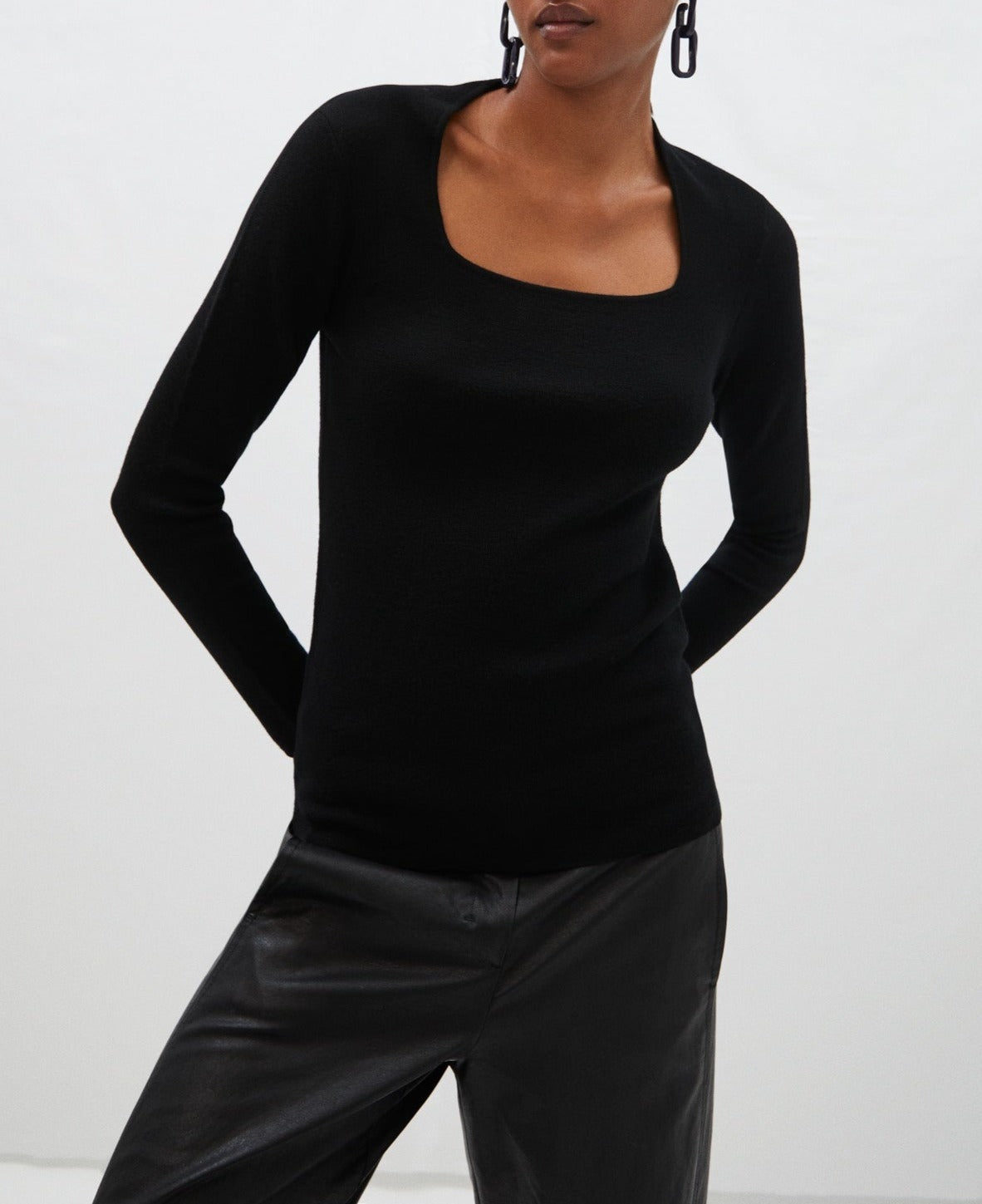 Women Jersey | Black Square Neck Sweater In Merino Wool by Spanish designer Adolfo Dominguez